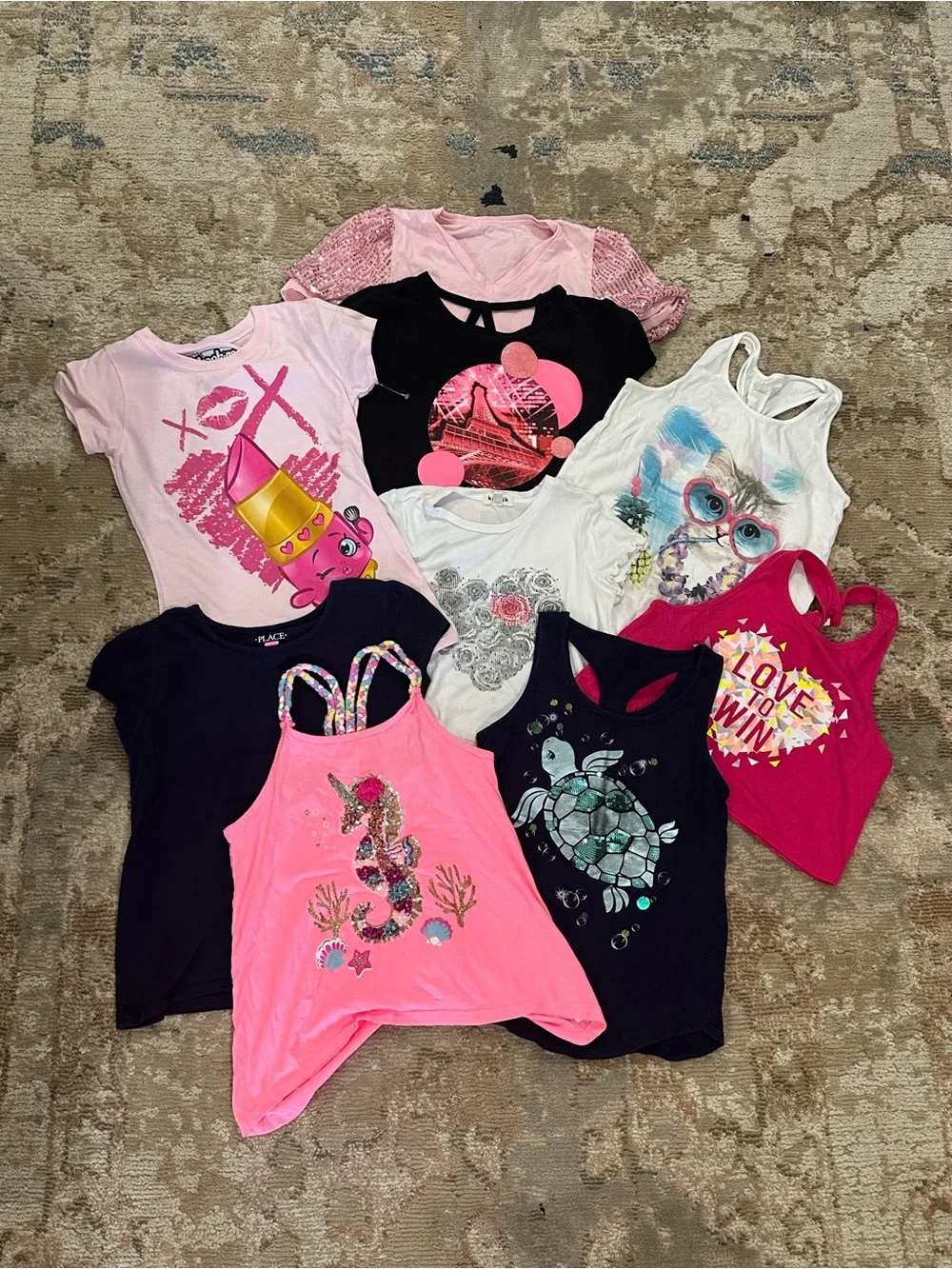 Justice. Sea turtle, Seahorse, Black, White & Fuchsia Tank Top Mix (9 Total)